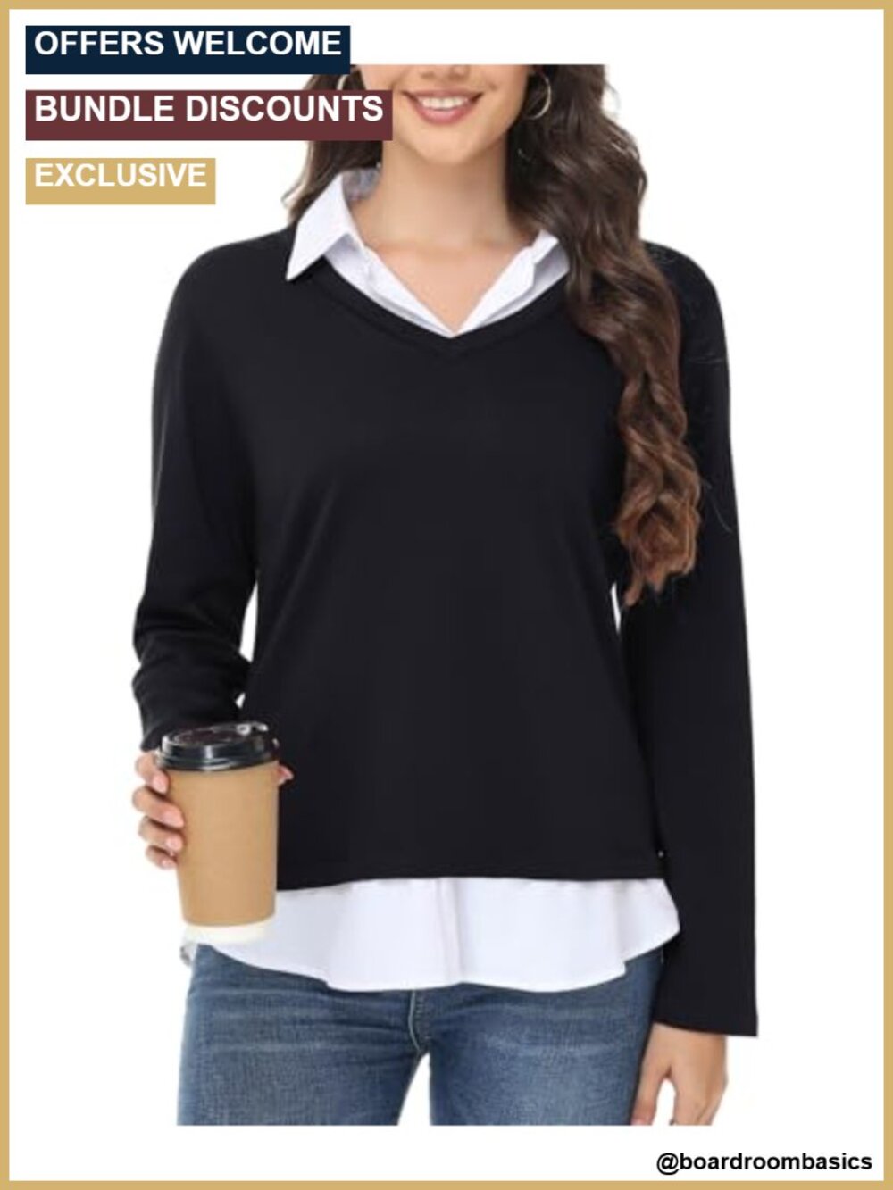 Women's 2-in-1 Sweater V-Neck Long Sleeve Collared Shirt Business Casual